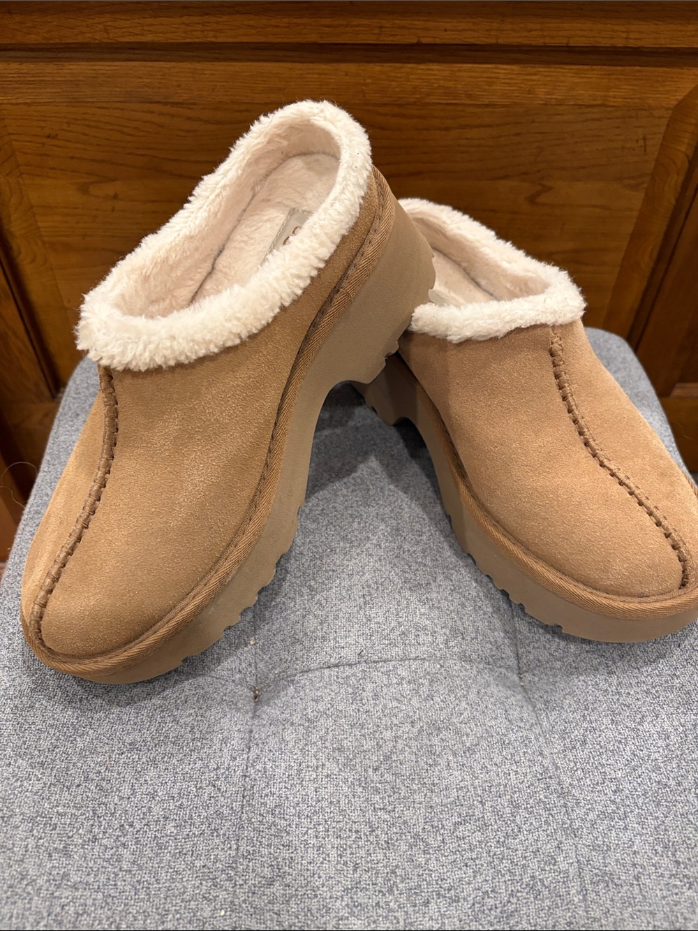 UGG Chestnut Suede Shearling-Lined Clog Mules
